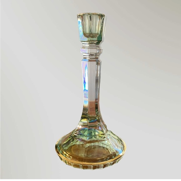 Vintage Italian Lead Crystal Candle Holder in Green and Gold 8.5in - Picture 1 of 16